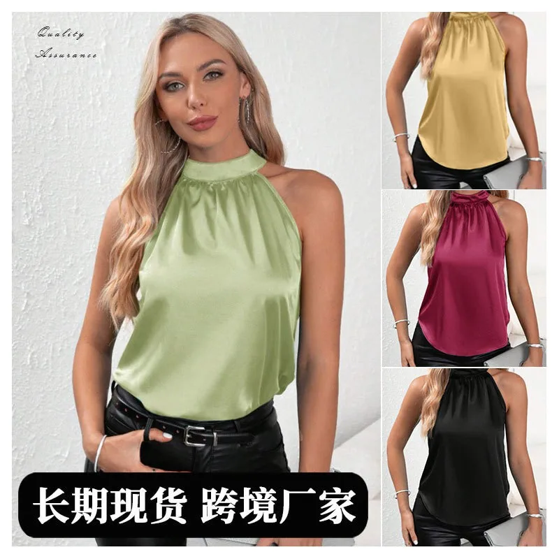 Pleated Off Shoulder Top Loose Fit Sexy with Halter Neck Tank Top Private Celebrity Style Regular Length Elegant for Women