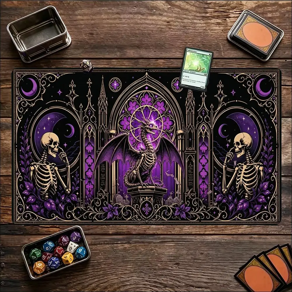 Gothic Cathedral Skeletal Dragon Stained Glass Skull XXL Gaming Mouse Pad Non Slip Rubber Base Large Desk Mat for Magic Lover