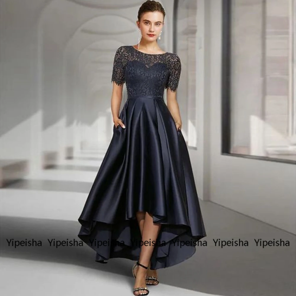 Yipeisha Satin High Low Mother of the Bride Dresses Summer 2023 Short Sleeve Dark Navy Women Dress Lace Mère Formelle Robes New