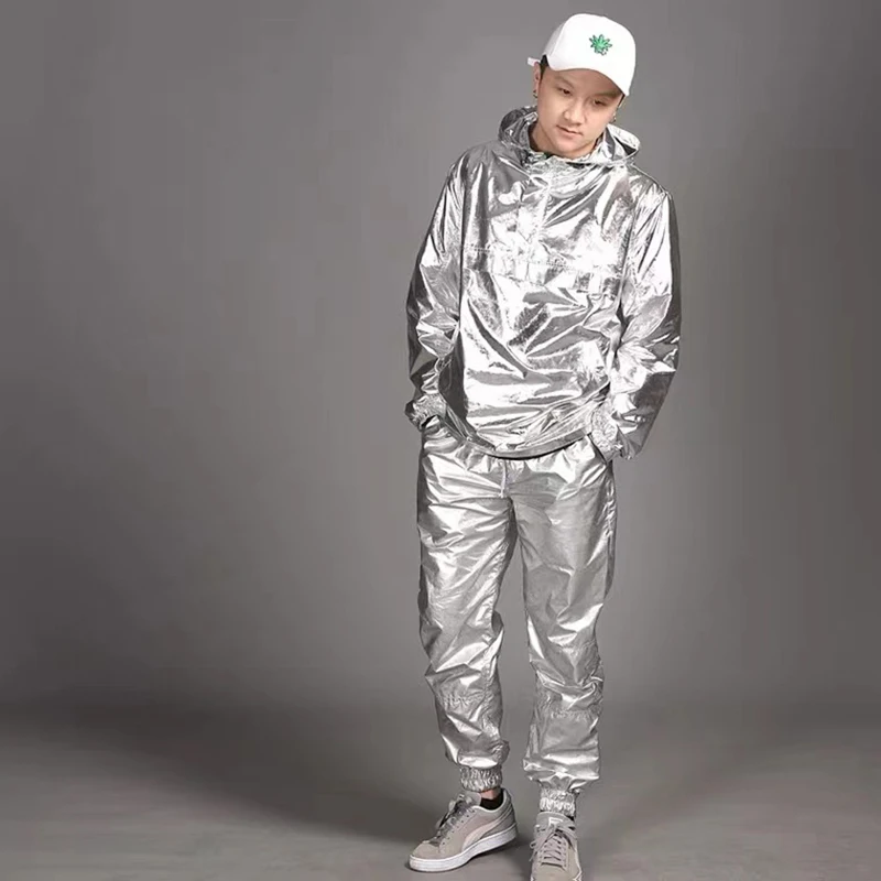 

Bright Silver/Gold/Black Hoodies Pants Street Dancing Outfits Team Stage Costume Long-Sleeved Hip Hop Clothes Shows Suit