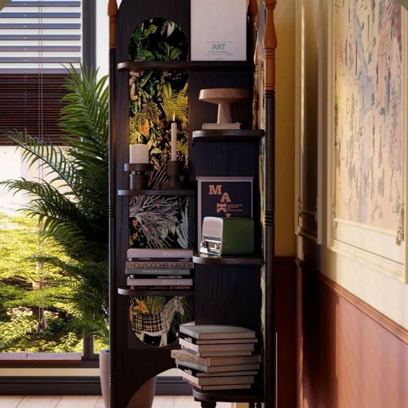 خزانة زاوية من العصور الوسطى، شقة صغيرة لغرفة المعيشة، حامل ثلاثي القوائم من خشب الرماد الفرنسي، رف كتب للدراسة بجوار خزانة عرض الأريكة