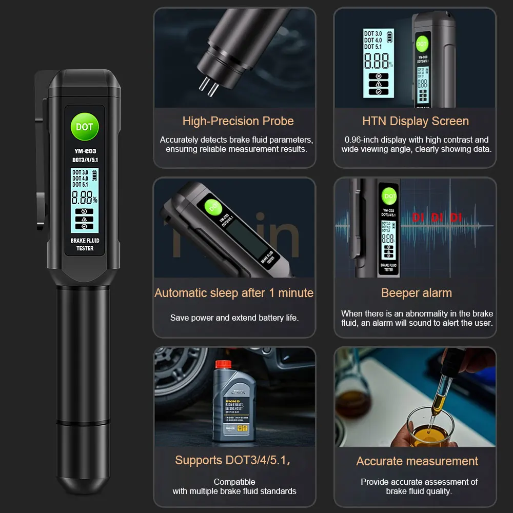DOT 3.0/4.0/5.1 Brake Fluid Tester HTN Display Screen High-Precision Probe Brake Oil Detection Pen Automotive Brake Fluid Tools