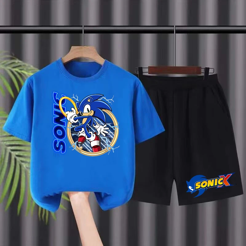 

Sonics Child T-shirt Set Game Themed Print Top Shorts Two Piece Suit Boys Cartoon Summer Casual Clothing Anime Kids Clothes Gift