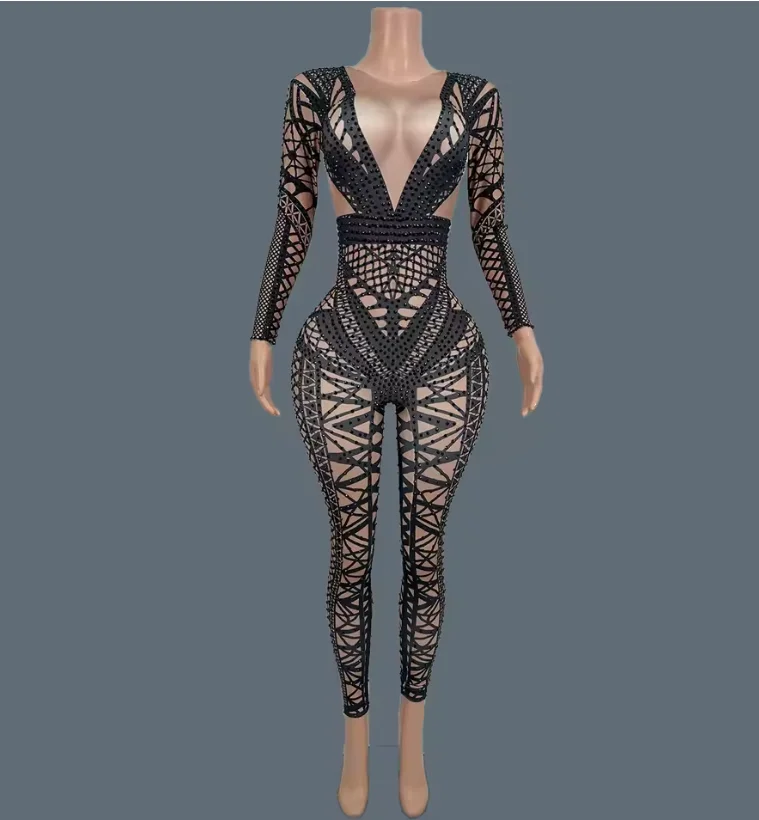 

go Sparkly Rhinestones Spandex Jumpsuit Sexy Stretchy Nightclub Singer Outfit Dancer Performance Costume Show Stage Wear Sanjiao
