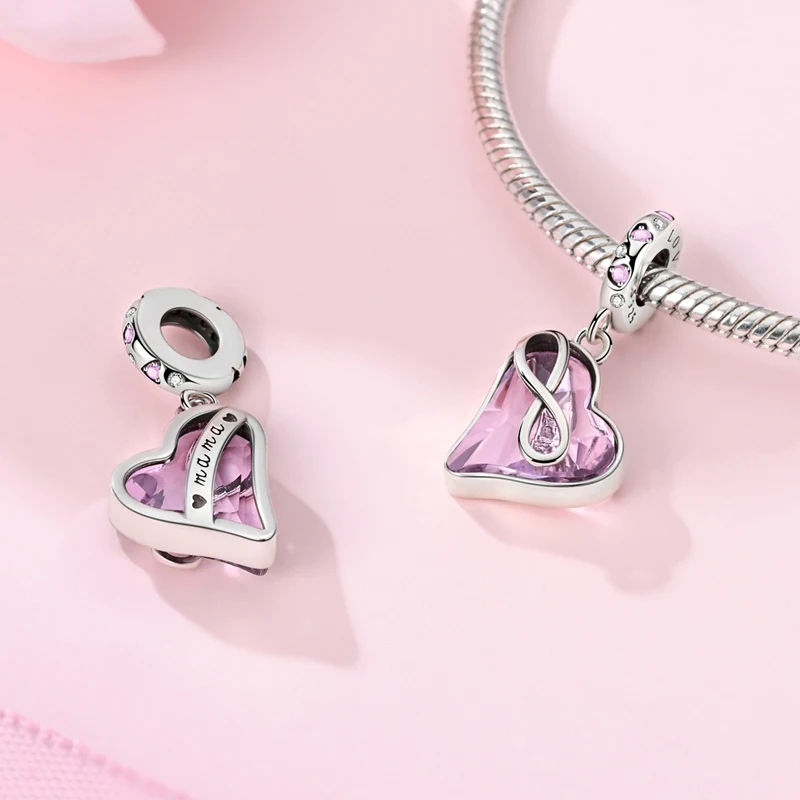 Charms Plata De Ley 925 핑크 컬러 시리즈 Charms 핑크 하트 이어폰 비드 오리지널 여성 기념일 DIY 쥬얼리 Charms