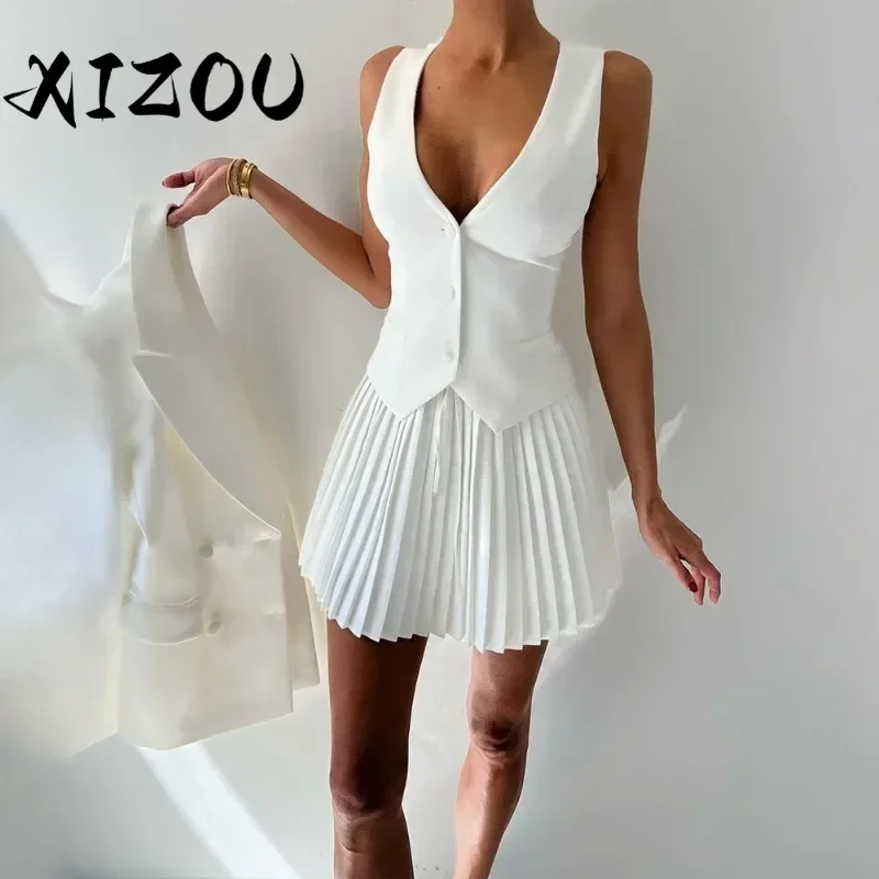 XIZOU Gonna alla moda Set da due pezzi Donna Scollo a V Canottiera monopetto Top e minigonna a pieghe Set di due pezzi sexy Vestiti