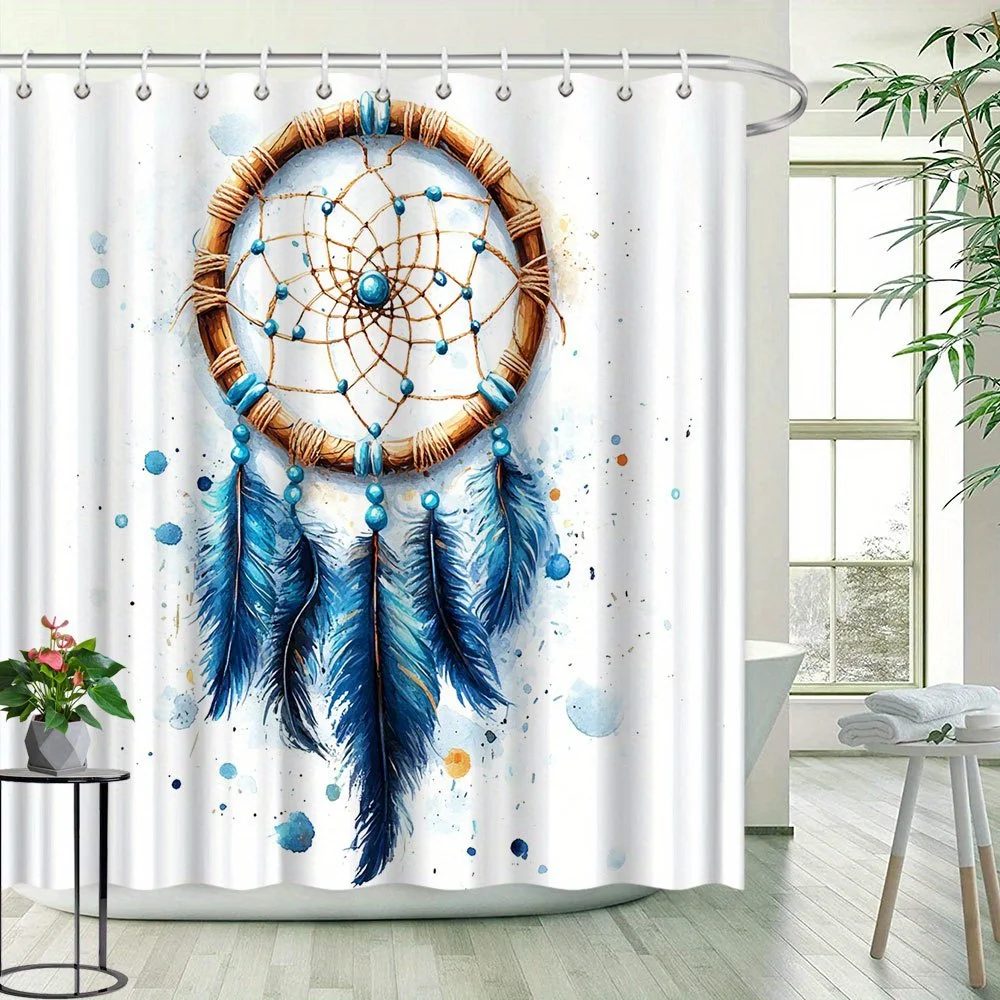 

Занавеска для душа «Ловец снов» — драгоценное синее перо, ручная роспись в акварельном стиле, натуральный пейзаж, перегородка для ванны, декор из полиэстера