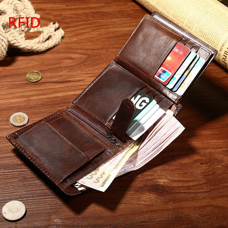 

Men vintage crazy horse leather rfid wallet PORTFOLIO money bag designer purse short bifold coin porte feuille homme