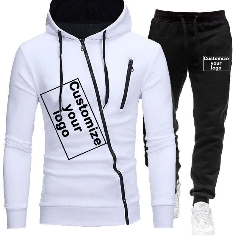 Customized Spring and Autumn Men's Sportswear with Your Logo Diagonal Zipper Hoodie and Pants Sportswear Set Jogging Set