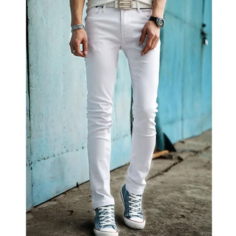 

Korean Fashion Men's Elastic Leggings Slim Pencil Pants Casual White Baggy Pant For Men loose straight tubeTrousers