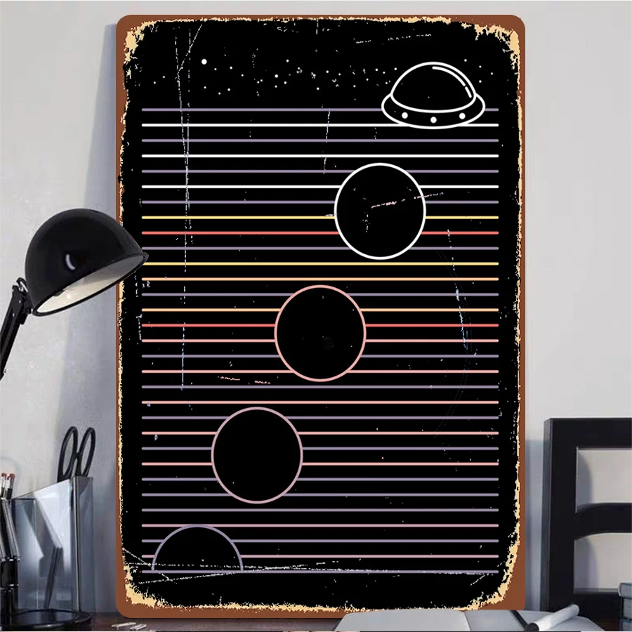 Vintage Stripe Planet Metal Wall Art UFO Cosmic Starry Sky Decorative Painting for Living Room Bedroom Creative Hanging Ornament