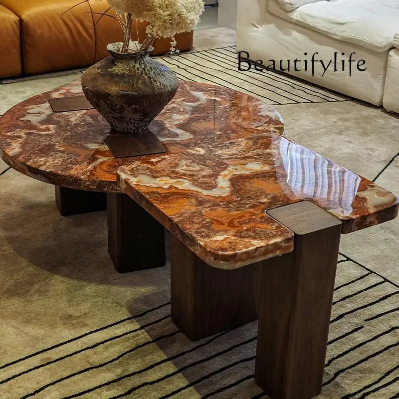 Centerpiece Red Dragon Stone Nesting Tables-Designer Round Marble Coffee Set w/ Crimson for Premium Living Room