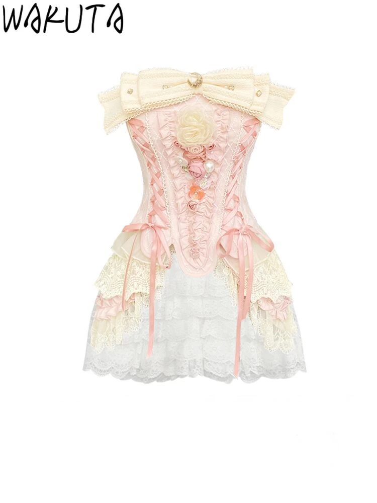 French Elegant Corset Suit Women Bow Tie Sexy Lace Tube Top White Shorts Two Piece Casual Fashion Summer Female Set