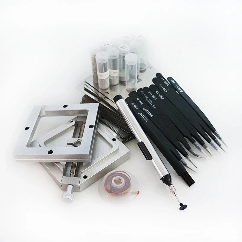 BGA Reballing kIT HT-90 Silvery 362pcs 90MM BGA Stencils Holder Jig 25K Solder ball-PMTC with 8 sets ESD Tweezers