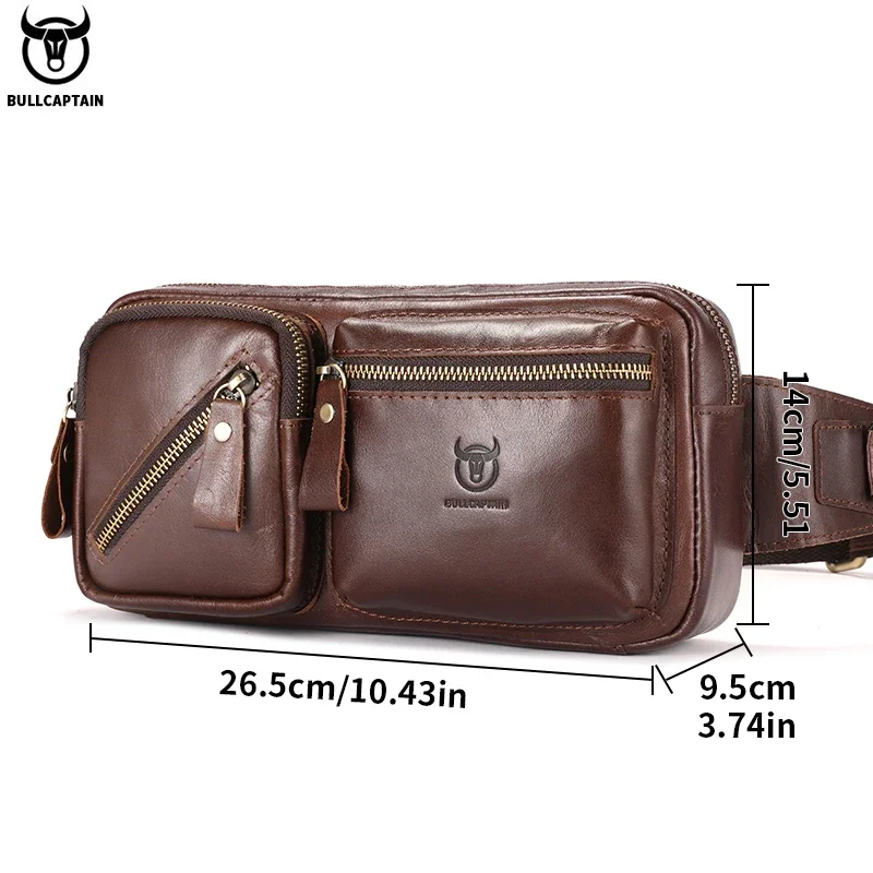 BULLCAPTAIN Men\'s Genuine Leather Chest Bag Outdoor Sports Shoulder Bag Multifunctional Large Capacity Waist Bag