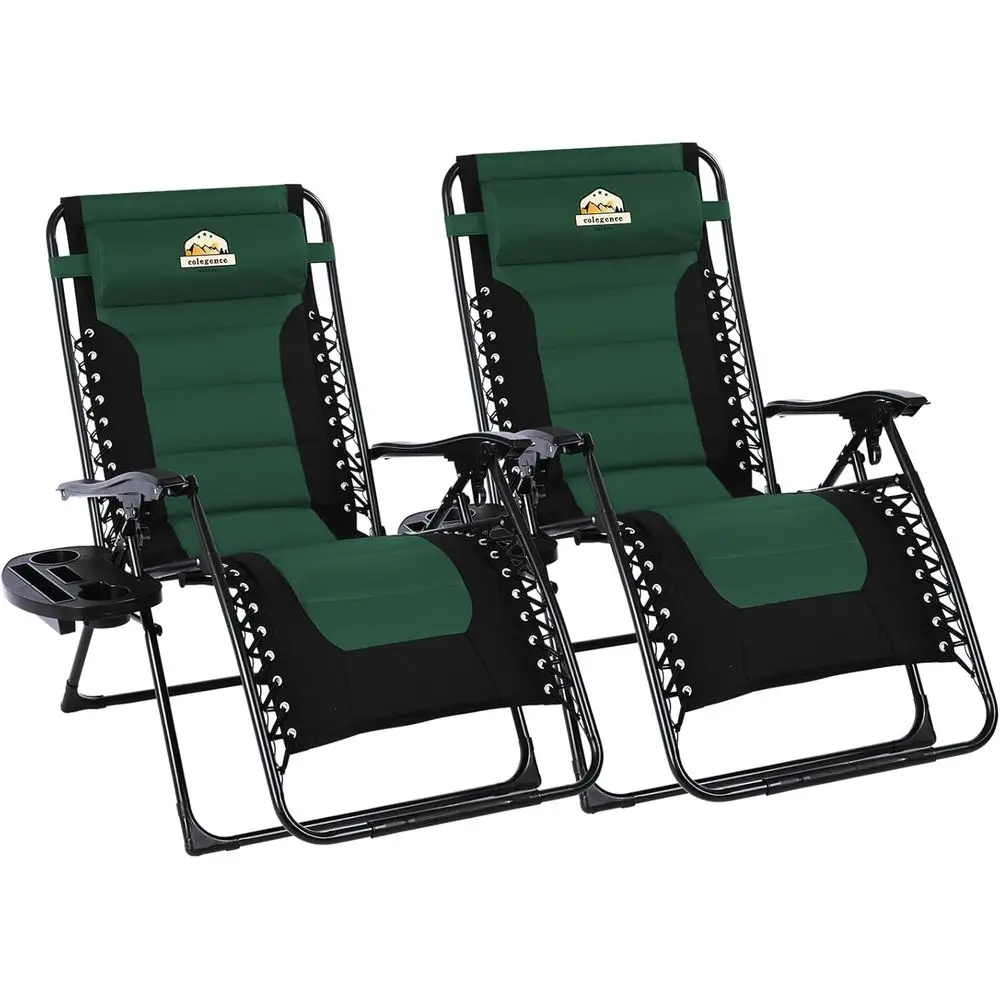 Double Set of Extra Large Cushioned Zero Gravity Reclining Chairs with Cup Holders for Outdoor, Lawn, and Camping, Supports up t