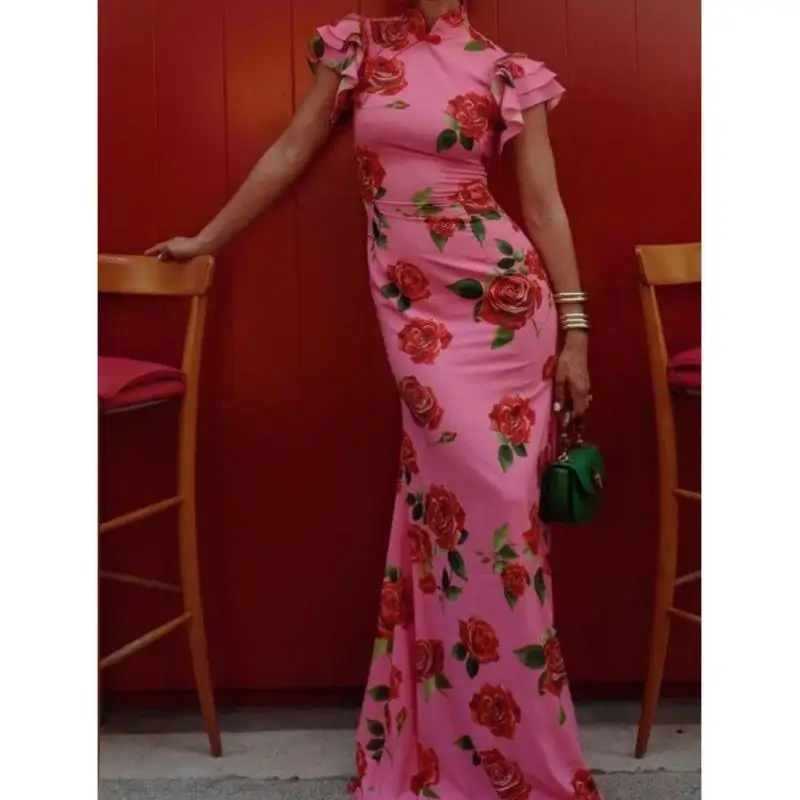 

Exquisite Pink Floral Print Chinese Set Casual Sportswear Seven Sve Top ort Pants Autumn Season Faion