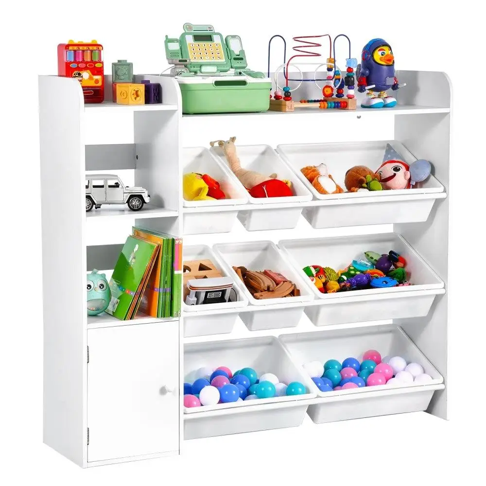 

Kids Toy Storage Organizer with 4 Tier Bookshelf and 8 Plastic Bins for Playroom Bedroom Nursery Classroom White