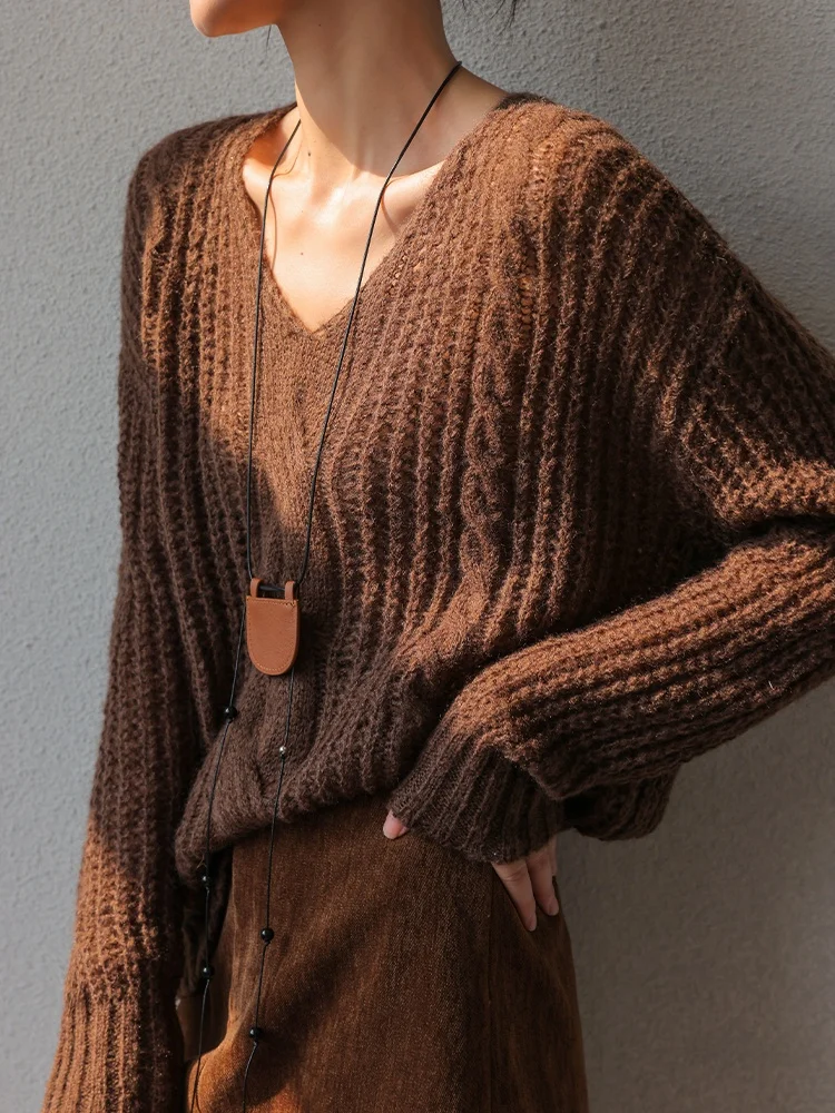 

JWUNIQUE Women's V-ne Long Sve Knitted Sweater Lazy Sle Coffee Color Pudsey Spring Autumn New Top Faion Commute