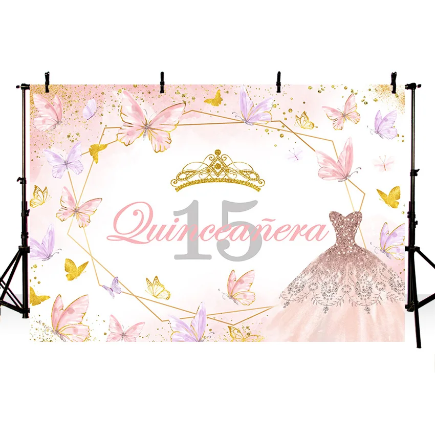 Mehofond Dress Glitter Backdrop Quinceanera Princess Birthday Girl Sweet Fifteen Butterfly Photography Background Photo Studio