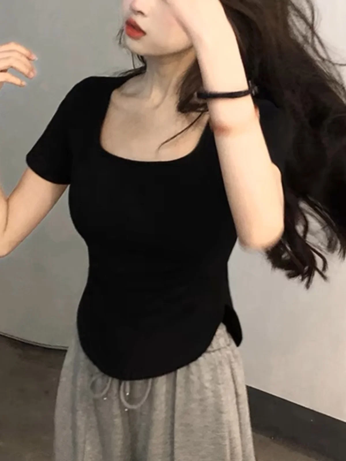 Summer New  Size Square Collar ort Sve T-irt Women's Slim Fit Asymmetrical White Color Korean Version Top