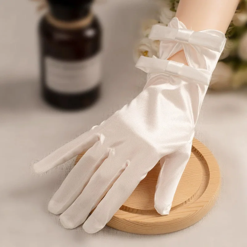 New White Satin Women Gloves For Wedding Party Satin Bow Wrist Length Bridal Accessory Evening Prom Glove перчатки свадебные