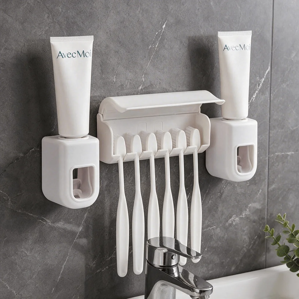 3-piece set (2 automatic toothpaste dispensers + 1 holder that can hold 6 toothbrushes) with no-drill self-adhesive backing (toothpaste and toothbrushes not included). Easy to install on the wall, highly recommended for organizing toothbrushes in bathrooms and shower areas | Essentials for the home - household goods (excluding toothpaste and toothbrush)