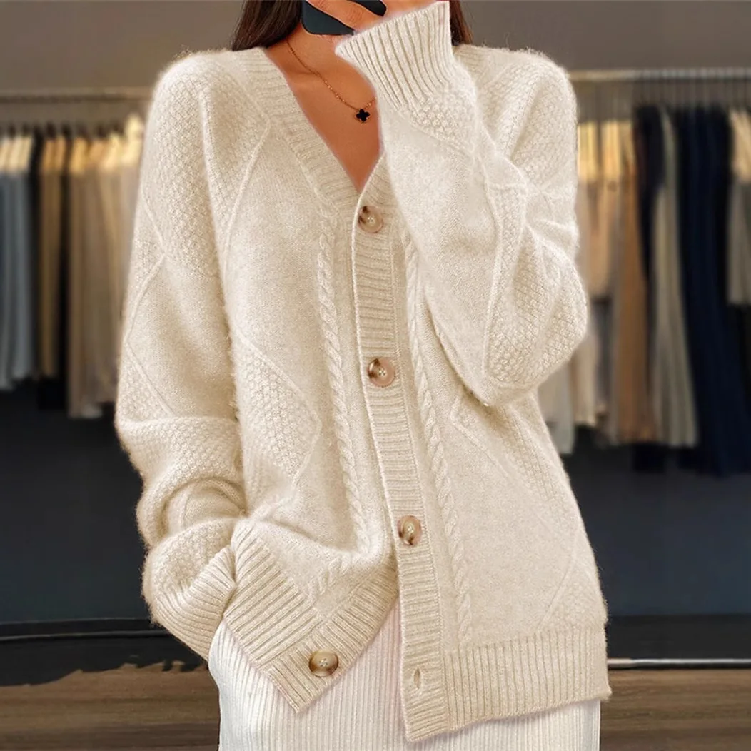 

2025 Autumn and Winter Women's Sweater Solid Color Long Sleeved V-neck Knitted Cardigan Breasted Jacquard Short Sleeved Sweater