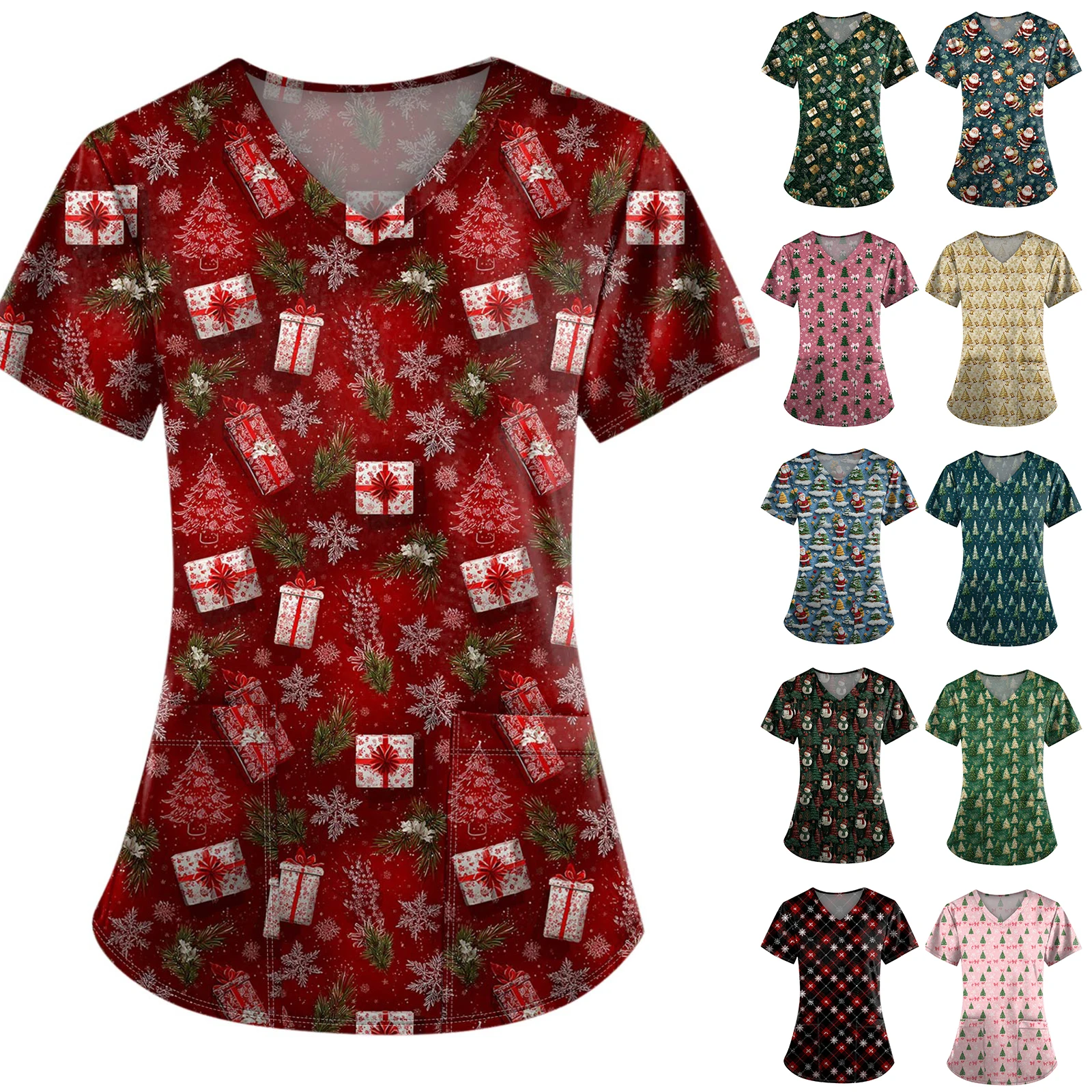 

Female Loose Work Christmas Printed Stretch Scrubs Blouse V-Neck Short Sleeve Medical Scrub Tops with Pockets Hospital Accessory