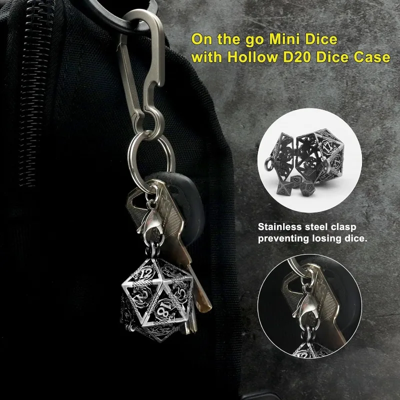 Mini jeu de dés du MDN en métal avec porte-clés D & D, creux en fer antique, étui à dés pour collier D20, petit ensemble de dés en métal antique, portable, 1 ensemble