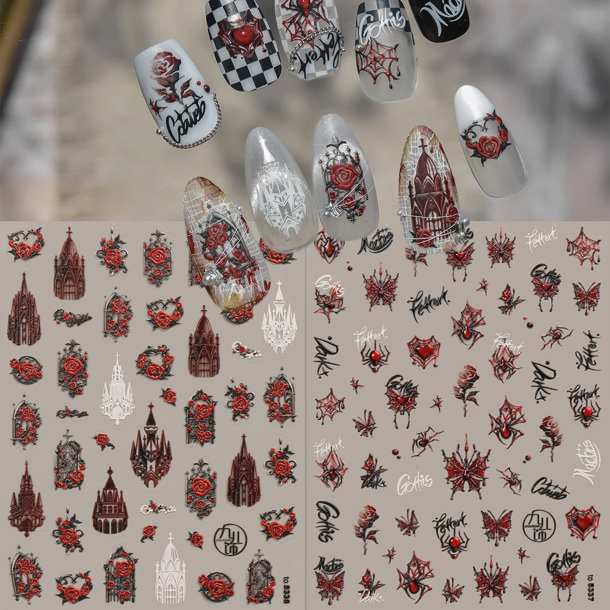 2 Stück Retro-Gothic-Schloss-Prägung Nagelkunst-Aufkleber, 5D-Exquisite Verarbeitung, Einfach anzubringende Nageldekoration, DIY, Geschenk, Hochzeitsfeier