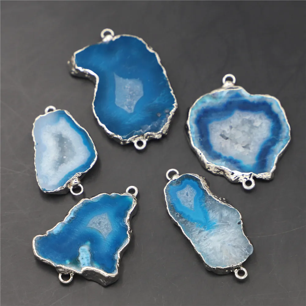 New Natural Stones Blue Agates Druzy Slice Pendants Charms Connectors Irregular Raw For DIY Men Jewelry Making Wholesale 5PCS