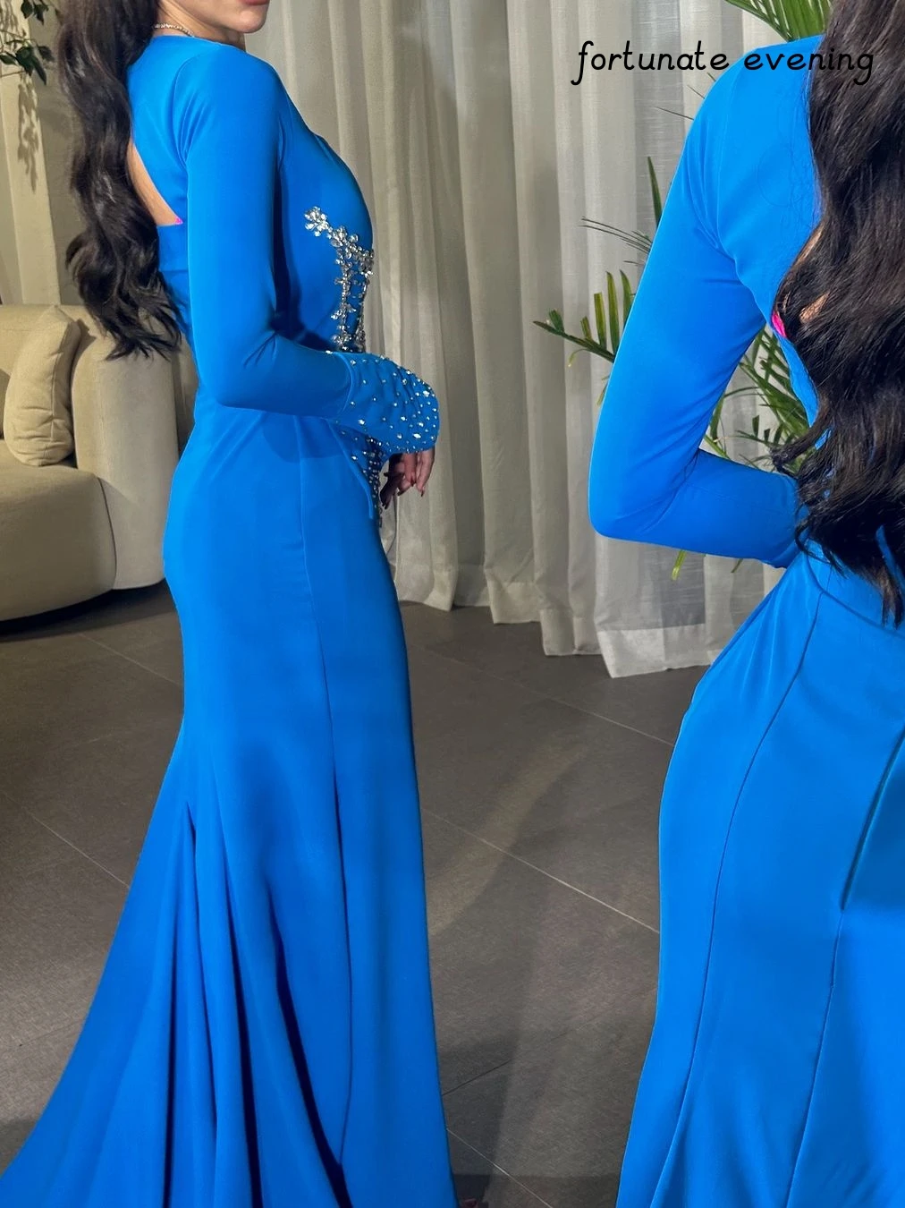 Fortunate Evening Elegant Vintage Sweet Blue Mermaid Crystal Beading Squre Collar Formal Occasion Prom Dress Evening Party Gowns