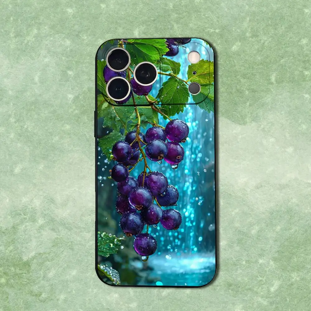 حافظة هاتف على شكل عنب أرجواني فواكه لهاتف آيفون 14,13,17,12,11,16,15,Plus,Pro Max,XS,X,XR,SE,Mini,Soft غطاء أسود من السيليكون