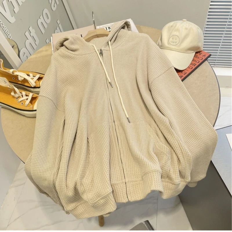 Damen Frühling Herbst Hahnentritt-Muster Hoodie Locker Sitzender Reißverschluss Lässiger Übergrößen-Pullover Studentinnen Streetwear Sportlicher Stil Sweatshirt