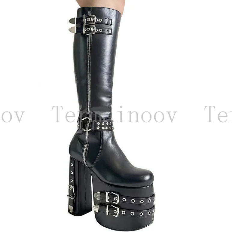 

Women Fashion Knee High Boots Platform Shoes Chunky Heel Long Boots Round Toe Rivets Decor Buckle Strap Zipper Sexy Black Boots
