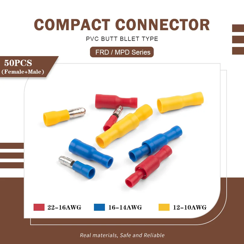 50PCS/25Set Insulated Electric Crimp Terminals  Male Female Bullet Plug Socket Quick Splice Wire Connector PVC MPD/FRD 22-16AWG