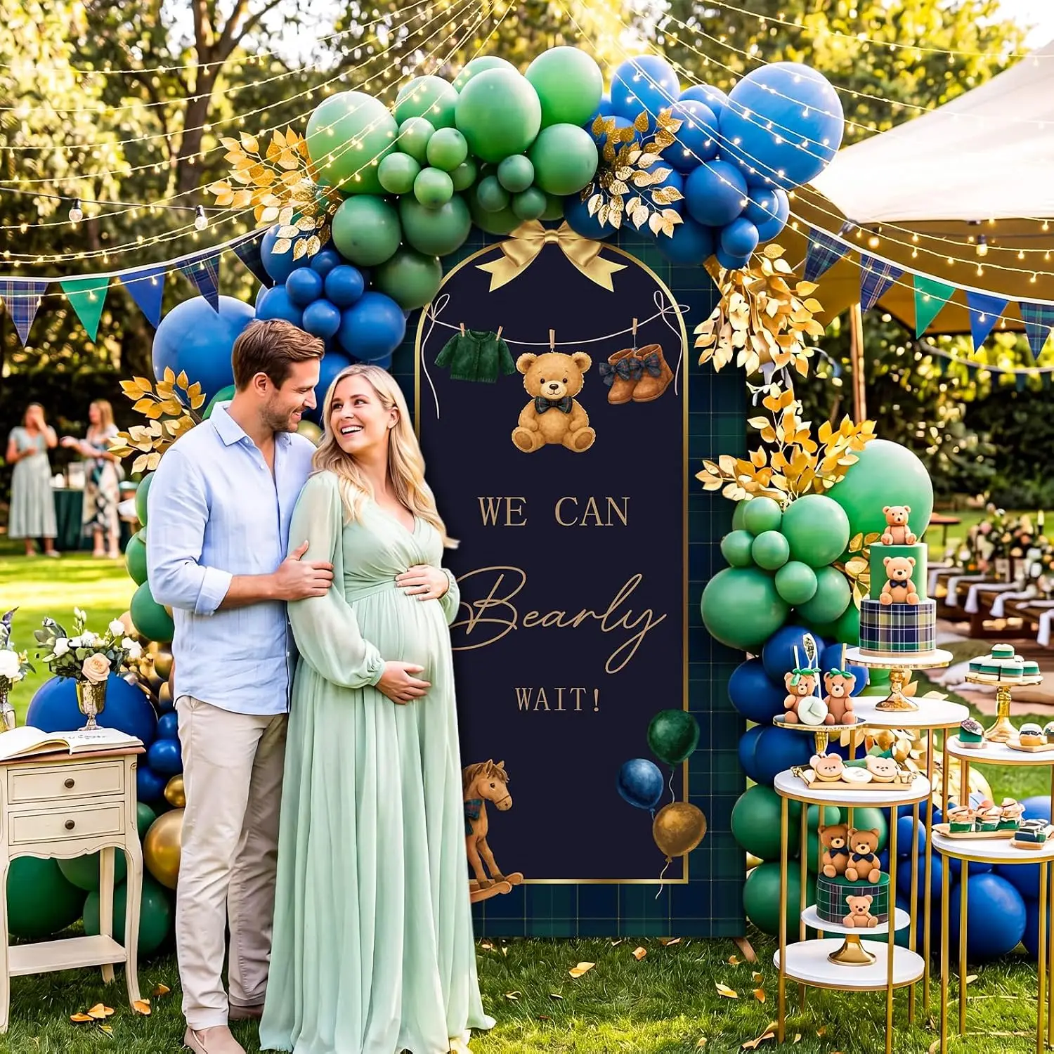 We Can Bearly Wait Arch Backdrop Cover 2-sided Tartan Plaid Baby Shower Party Teddy Bear Boy Gender Reveal Background Decor