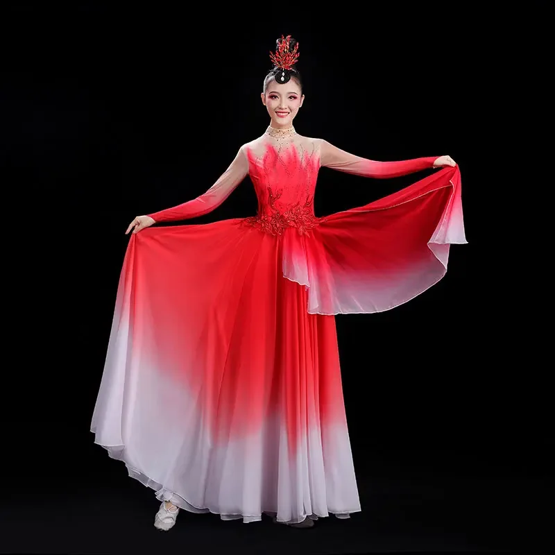 Women Dance Costume Big Swing Dress Chinese Dance Light Long Skirt Female Opening Dance Big Swing Skirt Grand Performance Dress