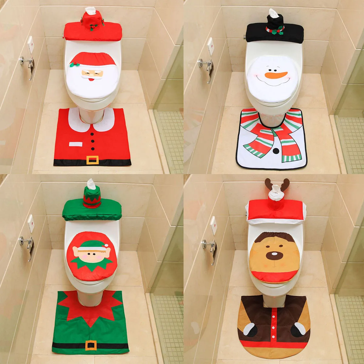 3pcs Christmas Toilet Cover Elderly Snowman Toilet Cover Floor Mat Water Tank Cover Paper Towel Set Three-piece Home