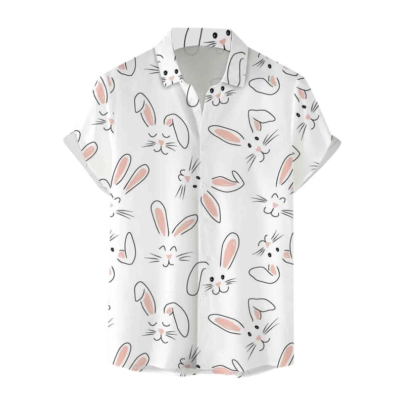 

Summer Hawaiian Shirt Men Women 3D Print Rabbit Egg Tops Happy Easter Outdoor Street Short Sleeve Button-Down Print Men Clothing