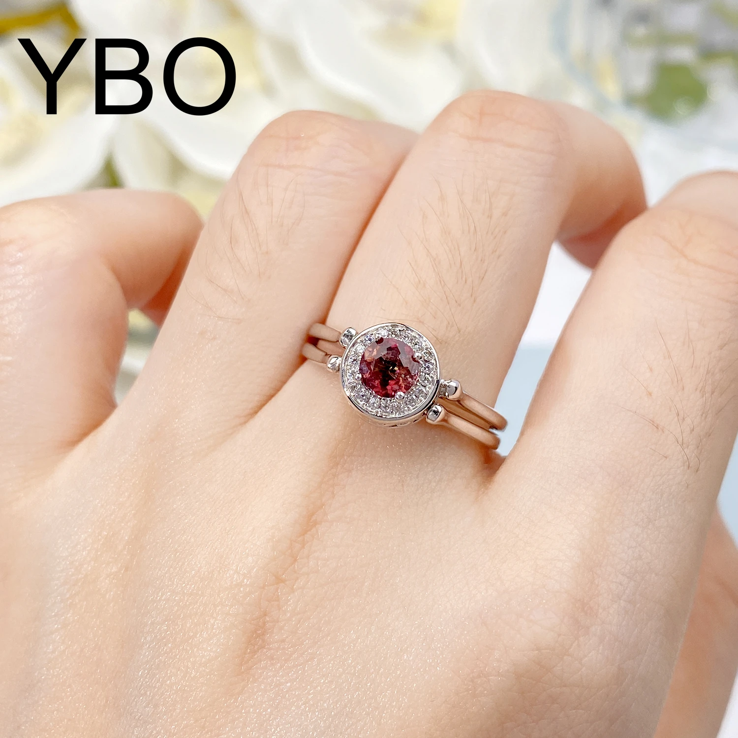 

YBO Trendy Double Layer Two Sides Rings Natural Red Green Tourmaline Gemstone Rings Fine Jewelry 925 Sterling Silver Ring Party