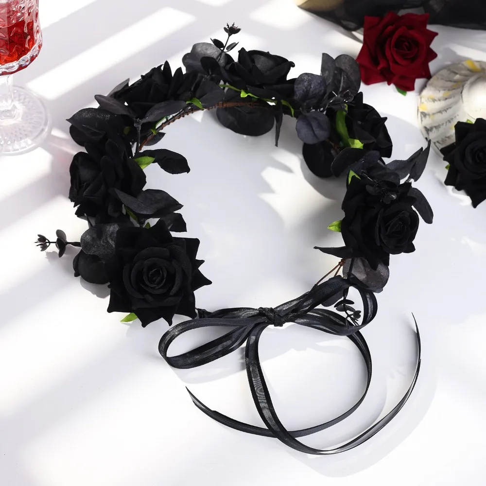 

Exquisite Halloween Headband Fashion Plastic Simulation Flower Headband Dark Style Adjustable Size Gothic Headband Cosplay Event
