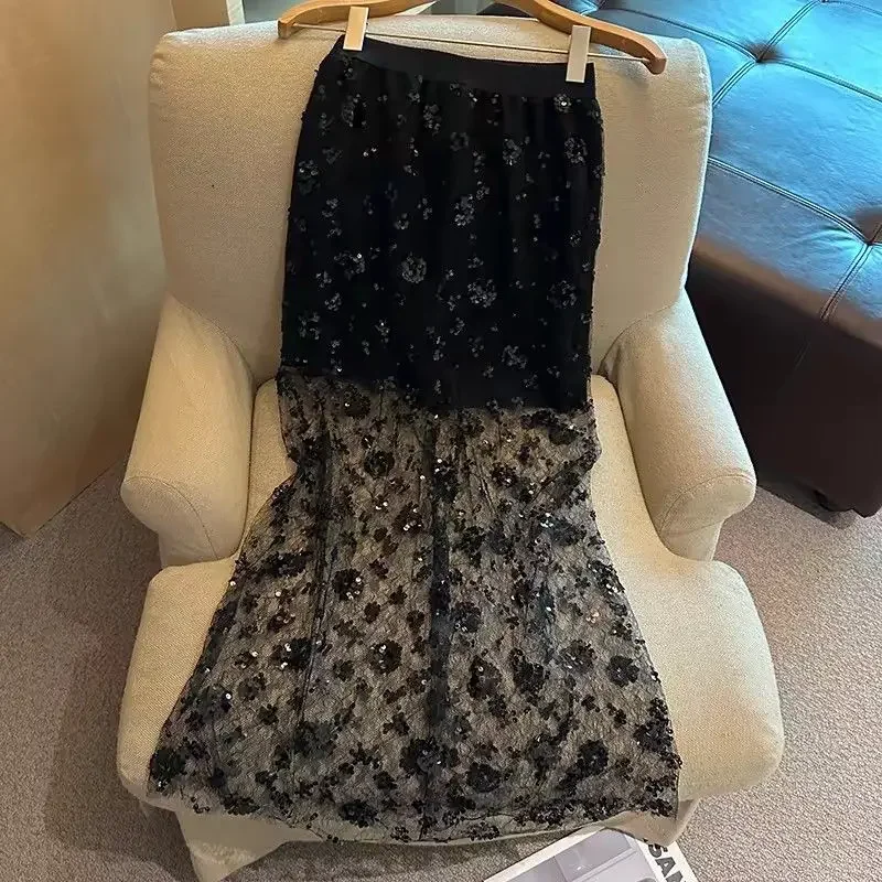 

Женская юбка 2023, весна-лето, корейская модная женская одежда, верхняя одежда, повседневные утягивающие юбки с высокой талией и блестками, элегантные