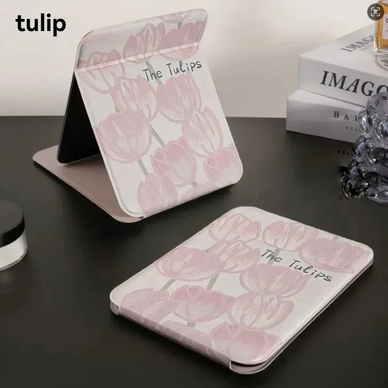 Specchio per trucco pieghevole in pelle PU tinta unita Specchio tascabile carino per studenti portatile semplice e desktop a doppio uso