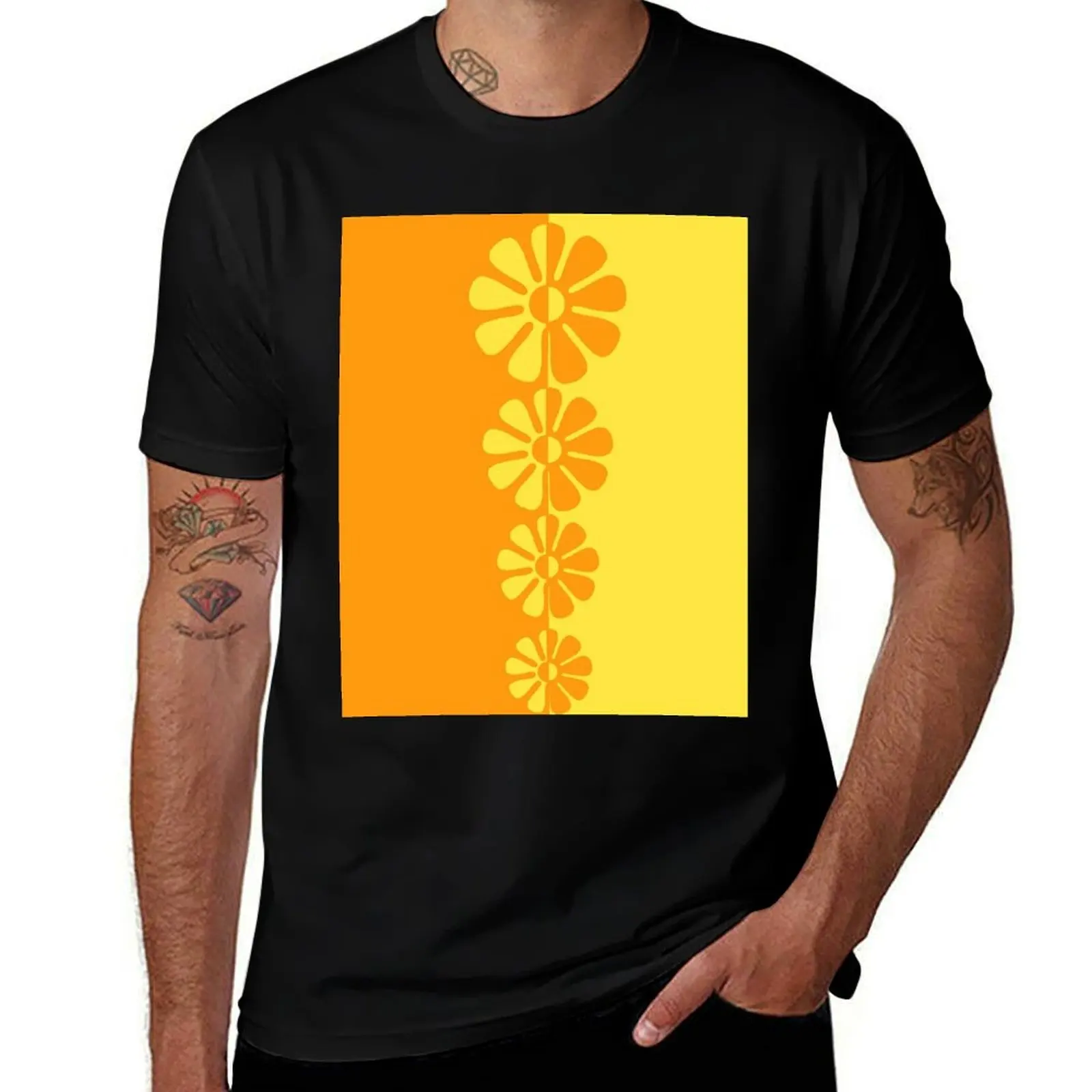 

60's Bold Retro Mod Flowers in Orange and Yellow T-Shirt mens graphic t shirts man t shirt summer man t shirts for men T-Shirt