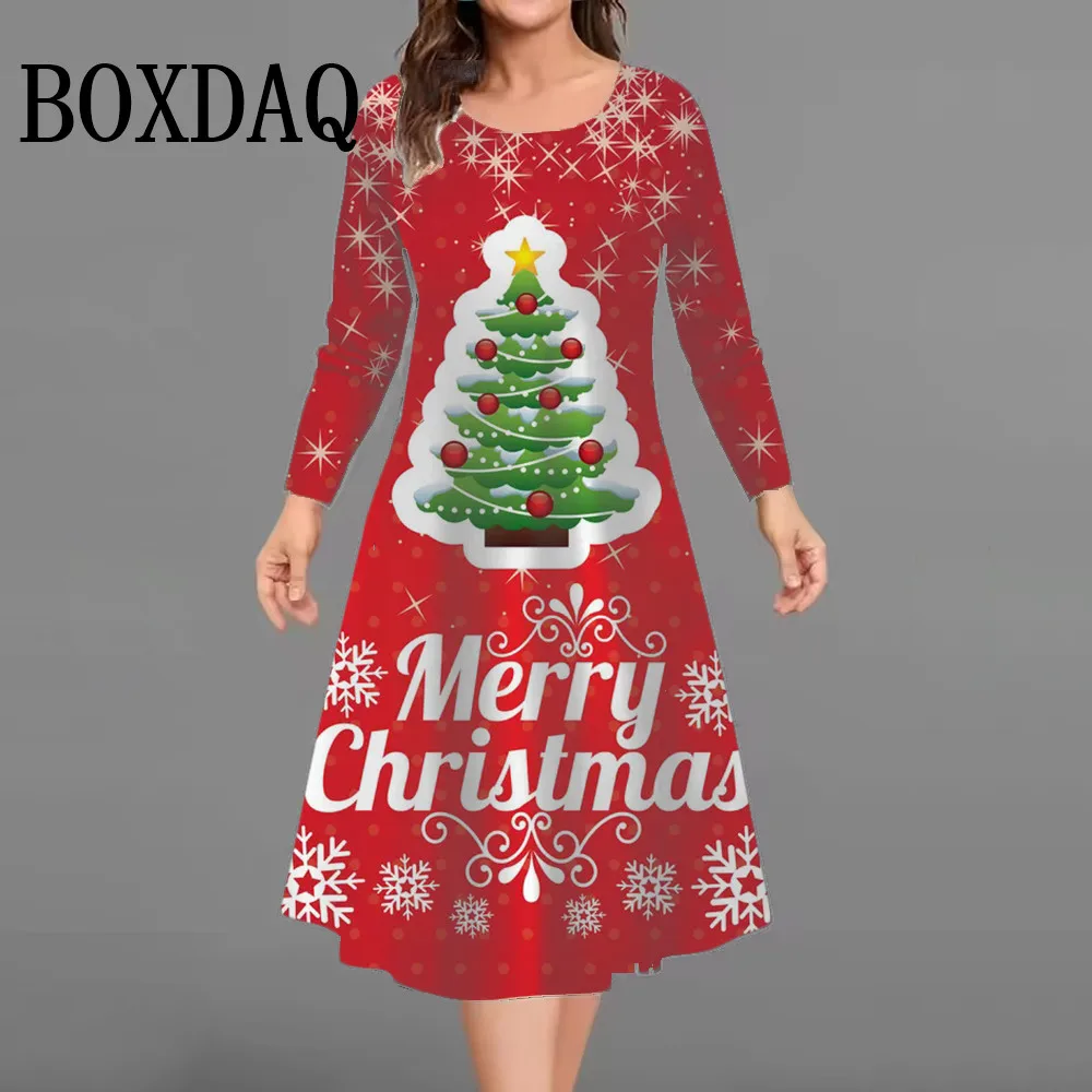 Christmas Tree Women Short Dresses Long Sleeve Festival Ladies Loose Plus Size Dress 3D Print Christmas Street Female Mini Dress