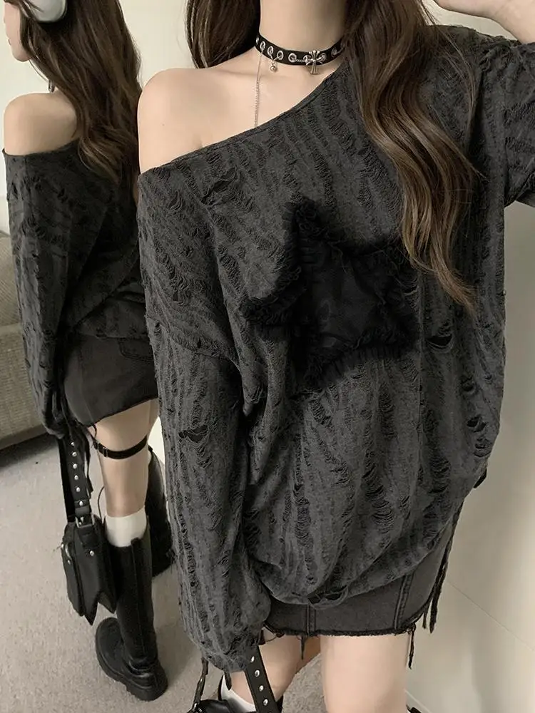 

HOUZHOU Y2K Grunge Gray Star Tshirts Women Vintage Beige Long Sleeve Off Shoulder Hollow Out Tees Oversize Gothic Distressed