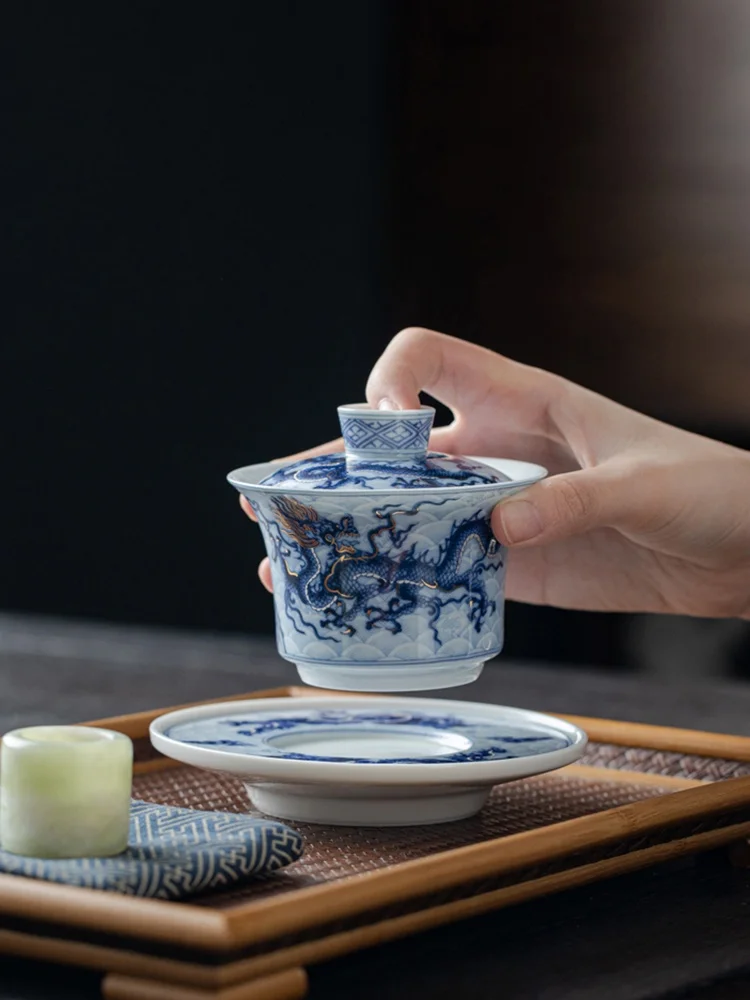

Retro Blue And White Porcelain Tea Set Ceramic Gongfu Tea Bowl Home Use Tea Brewing Bowl with Lid Chinese Style Diningware