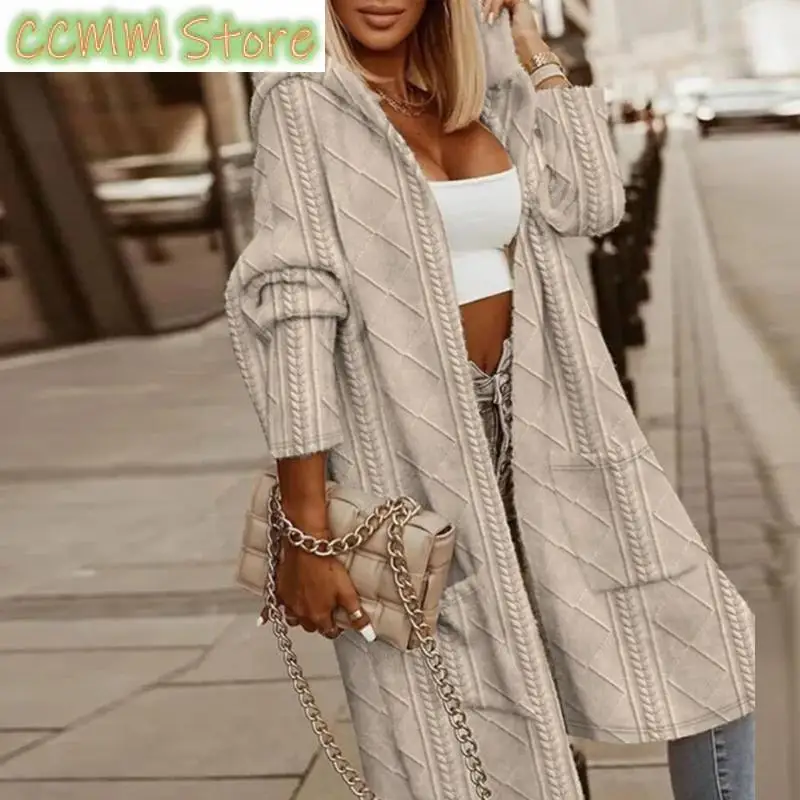 

Women Cable Texture Hooded Mid-Length Coat Female Jacquard Cardigan Overcoats Winter Casual Long Sleeved knit Sweater Outwears